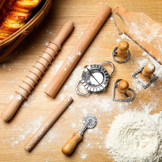 9 Pcs Gnocchi Pasta Making Tools kit - Gnocchi Board, Pasta Cutter, Ravioli Stamp, Wood Threaded Pasta Roller Pin Set, Noodle and Dumplings Maker, Homemade Kitchen Gift for Pasta Lovers