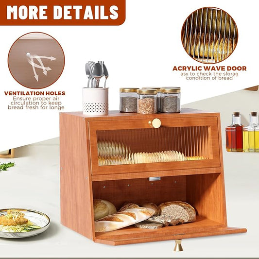 Bread Box for Kitchen Countertop Wooden Bread Bin Farmhouse Bread Storage Container Large Breadbox Holder with Window (Brown)