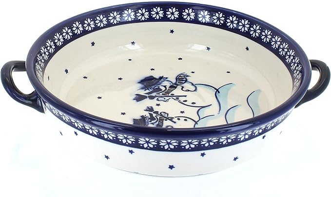 Blue Rose Polish Pottery - Blue Frosty Friend Round Casserole with Handles - 10.25" Diameter - Unique, Dishwasher Safe, & Durable Bakeware