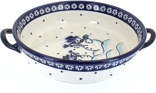 Blue Rose Polish Pottery - Blue Frosty Friend Round Casserole with Handles - 10.25" Diameter - Unique, Dishwasher Safe, & Durable Bakeware