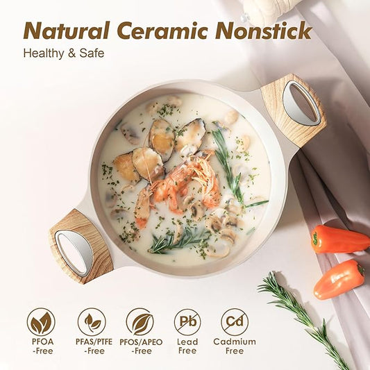 SENSARTE Ceramic Nonstick Stock Pot with Lid, 2.6/4.5/6.6/8.5 QT Soup Pot Casserole Pot, Non-toxic Healthy Pasta Pot, Large Cooking Pot Stew Pot, Induction Compatible, PFOA PFAS PTFE Free, Taupe