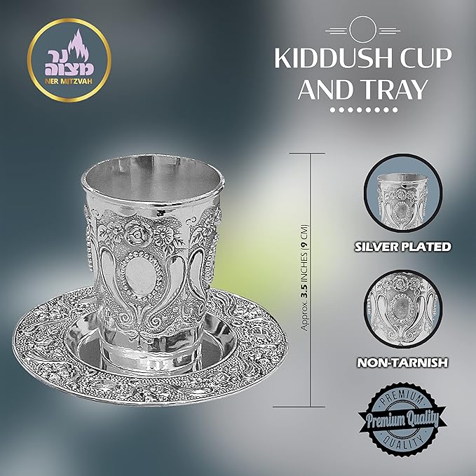 Ner Mitzvah Kiddush Cup and Tray - Premium Quality Nickel Plated Wine Cup - For Shabbat and Havdalah - Judaica Shabbos and Holiday Gift