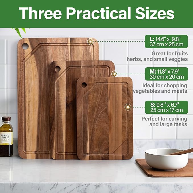 Wood Cutting Board For Kitchen, Acacia Wood Cutting Board Set of 3 with Juice Groove, Double-Sided Chopping Board Serving Board with Hanging Hole for Meat, Vegetables and Cheese