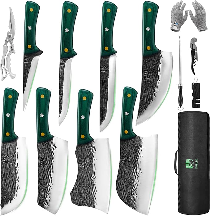 FULLHI Butcher Knife Set with Kitchen Shears, Hand Forged Chef Boning Knife With Scissors High Carbon Steel For Kitchen, Camping, BBQ