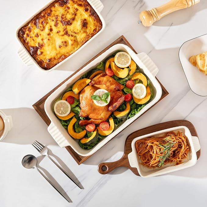 Sweejar Ceramic Baking Dish Set, Cake Baking Dish for Brownie, Porcelain Striped Casserole Dishes for Oven with Handle for Lasagna, Family Dinner(Beige)
