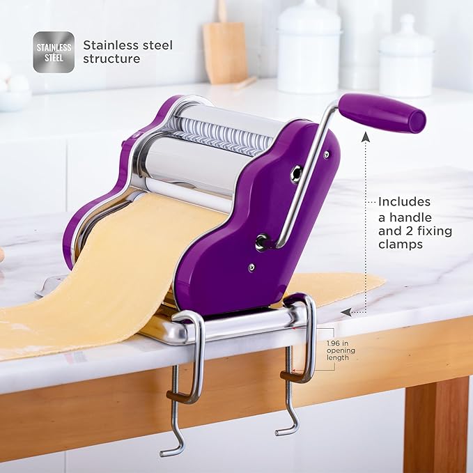 PASTALINDAClassic 200 Pasta Maker Machine, 20 cm Wide Rollers, 9 Thickness Positions, 2 Cutting Positions, Stainless Steel. Includes Reinforced Hand Crank And Two Clamps