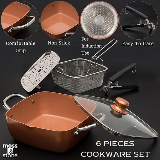 Moss & Stone 6 Pcs Copper Chef Cookware Non Stick Deep Frying Pan 9.5" x 3.5", Fry Basket, Steamer Rack, Dishwasher & Oven Safe, 5 Qt Deep Square Pot & Non Stick Pan, Induction Copper Cookware Set