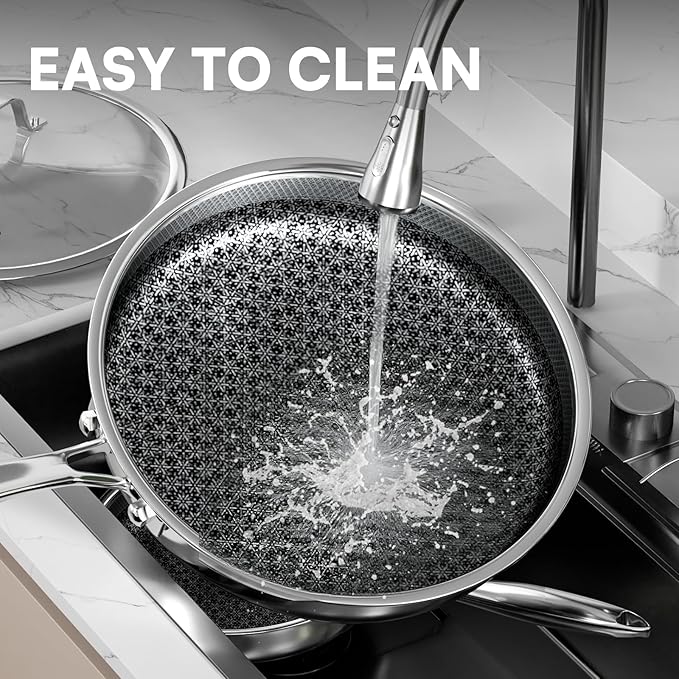 Non Stick Frying Pans Set with 3 Lid, Non-Toxic Hybrid Pans Set Nonstick (8+10+12inch),Pan for cooking, nonStick Cookware, Dishwasher and Oven-Safe Cookware Sets, Stainless Steel Skillets