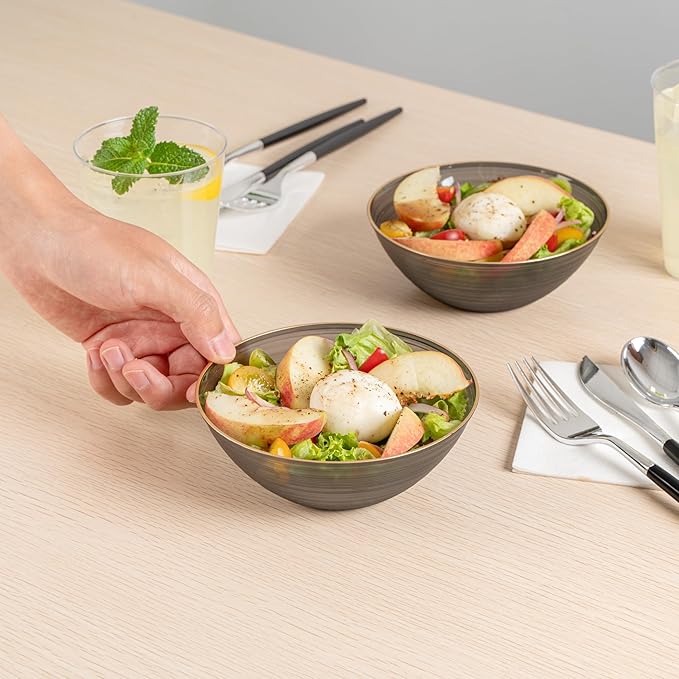 Restaurantware Plastic Bowls 20 Pcs 16 oz Gold Rimmed Disposable Soup Bowls Heavy-Duty Black Translucent Rippled Dinnerware Containers for Party, Desserts, Salads, Snacks, and Catering