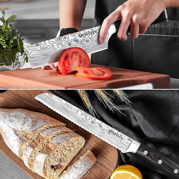 MOSFiATA 5 PCS Chef Knife Set, German High Carbon Stainless Steel Kitchen Knife Set with Sharpener Rod,5PCS Blade Guard,Wood Handle Knives Set for Kitchen with Gift Box