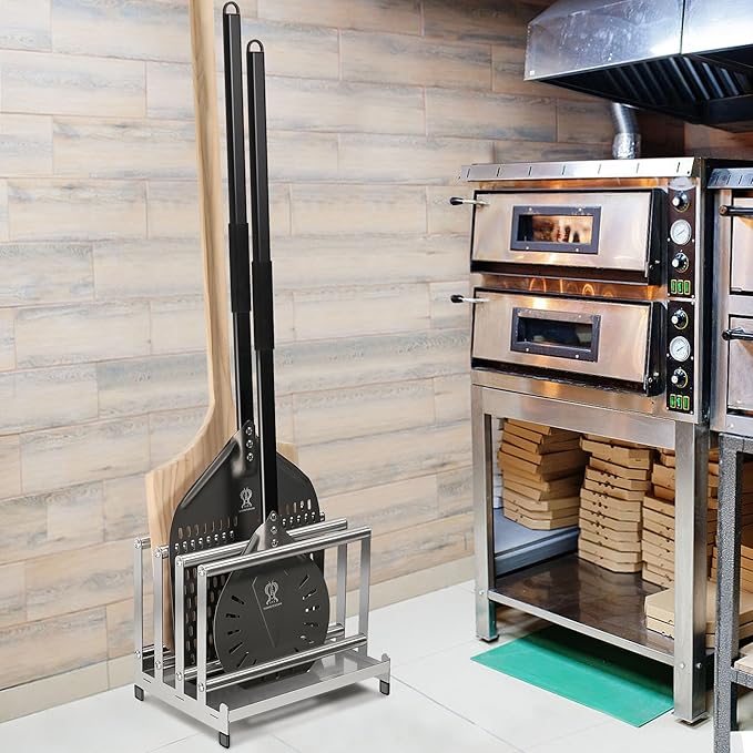 Pizza Peel Rack Stainless Steel With Non-Slip Feet Pizza Turning Peel Pizza Paddle Holder Rack 4 Available Slots Organizing and Saving Space, No Pizza Oven Tools, silver