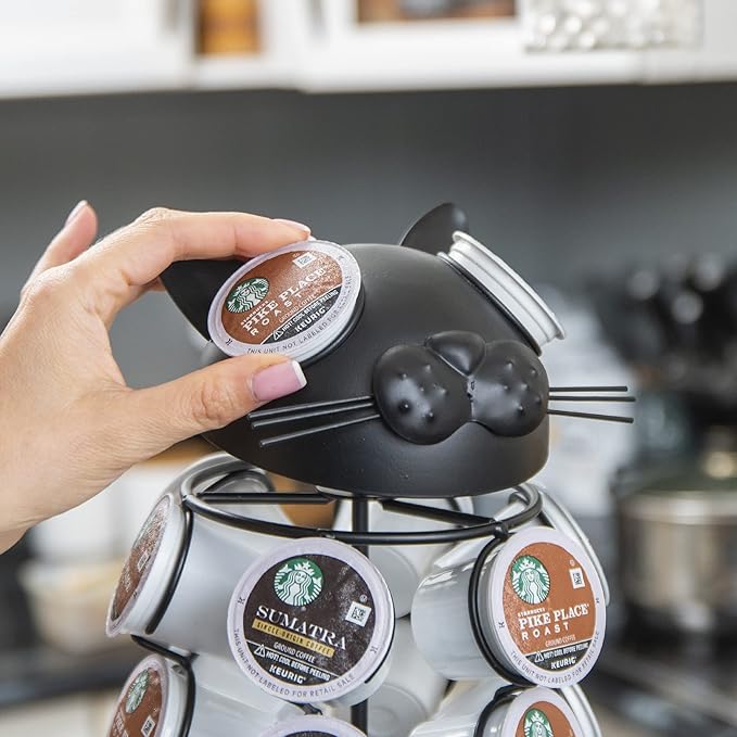 Made Easy Kit Carousel 360 Coffee Pod Holder, Compatible with Keurig K-Pods K-Cups, Countertop Rack Storage Organizer, Metal Home and Kitchen Decor, Capsule Café Station Bar (Small, Black Cat)