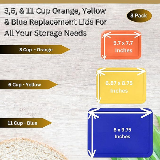 3, 6 & 11 Cup Orange, Yellow, Blue Replacement Lids/Covers for Pyrex, Anchor Hocking & KlareWare Storage Bowls *Lids Only Glass Container Not Included* (3 Pack *One of Each Size*)