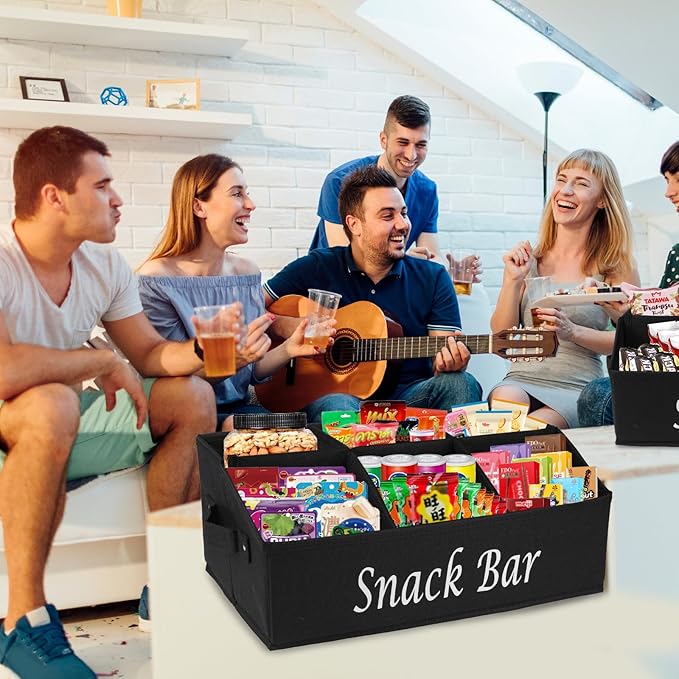 2 Pack Snack Organizer for Countertop With Handles - 6 Compartment Box Basket, Bar Station, Kitchen Cabinet Pantry Storage - Black