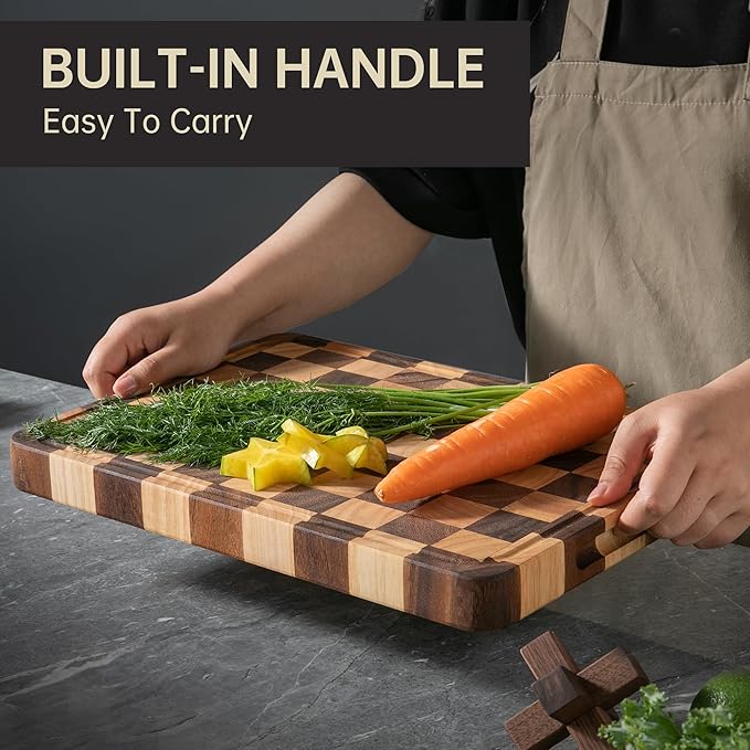 Cutting Boards for Kitchen, Large Acacia Wood Chopping Board, Thick Checkered Cutting Board with Juice Grooves & Handles, Charcuterie Board Butcher Block with Gift Box, 16" x 11" x 1.4"