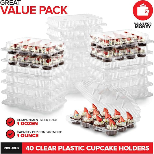 Stock Your Home Mini Disposable Plastic Cupcake Containers (240 Pack) 12 - Count Tray Compartment, Small or Mini Cupcakes Box/Holder/Carrier with Clear Connected Dome Lid, BPA Free