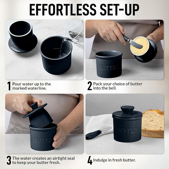 Zulay Kitchen Butter Crock With Lid & Spreader Knife for Countertop - Ceramic French Butter Dish Keeper For Fresh & Spreadable Butter - Midnight Blue