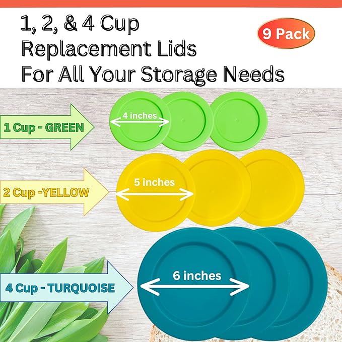 1, 2 & 4 Cup Spring Green, Yellow, Turquoise Replacement Lids/Covers for Pyrex, Anchor Hocking & KlareWare Storage Bowls *Lids Only Glass Container Not Included* (9 Pack *Three of Each Size*)