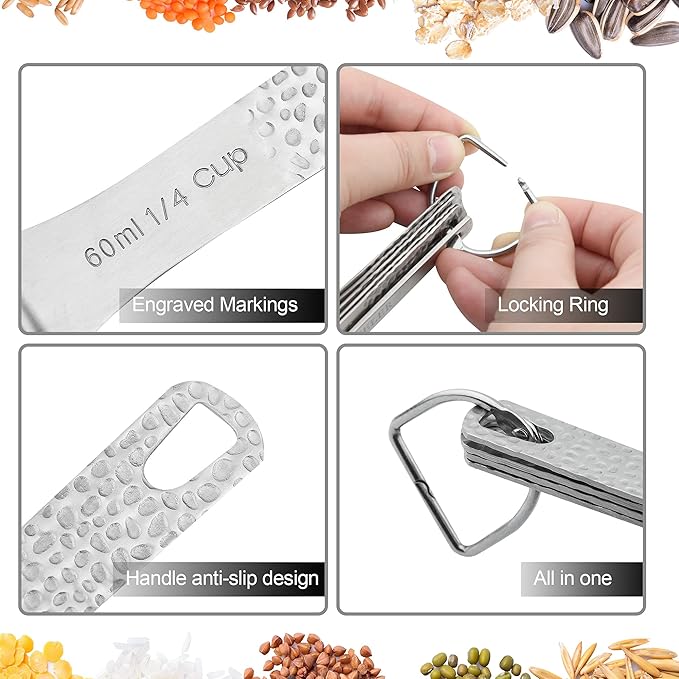 Measuring Spoons Set, 18/8 Stainless Steel Measuring Spoons Set for Dry&Liquid, Metal Metric & US Measuring Spoon with 1 Leveler and Locking Ring for Kitchen & Baking
