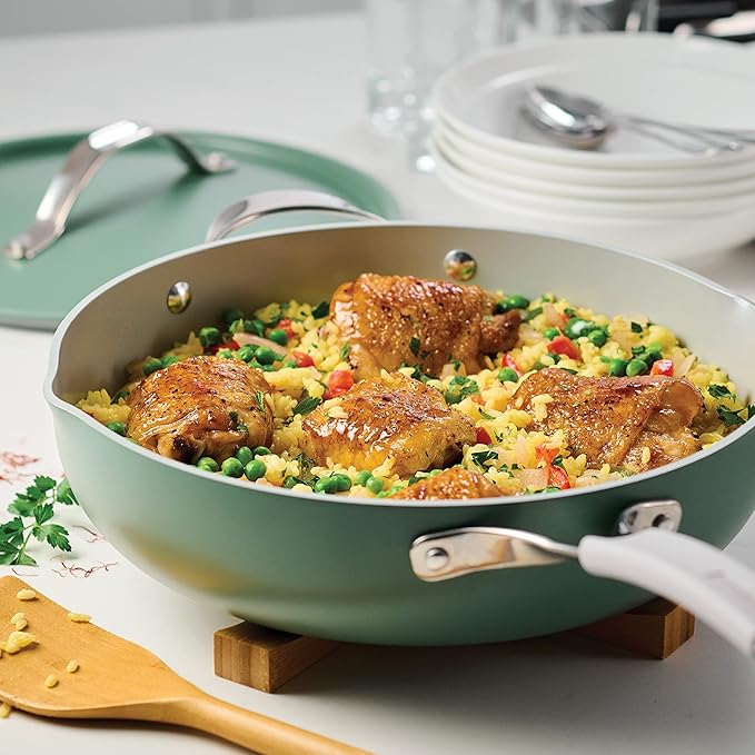 Tramontina All-in-One Plus Pan Set, 5-Quart Ceramic Non Stick Cooking Pan with Lid, Steamer Insert, Bamboo Utensil and Trivet, Green