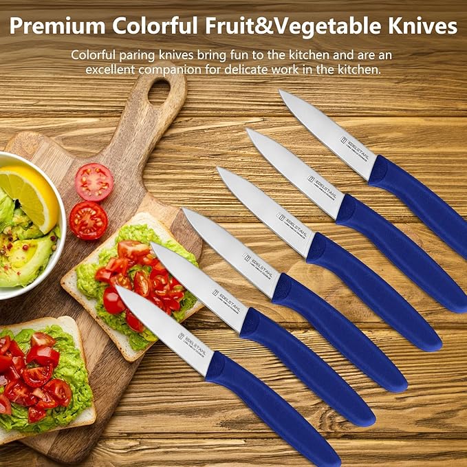 Paring Knife Set, Stainless Steel Paring Knives Set of 6,Sharp Vegetable&Fruit Knife,Small Kitchen Knife,Straight Edge Paring Knives,Ergonomic Handle Paring Knifes Set,Blue Peeling Knife