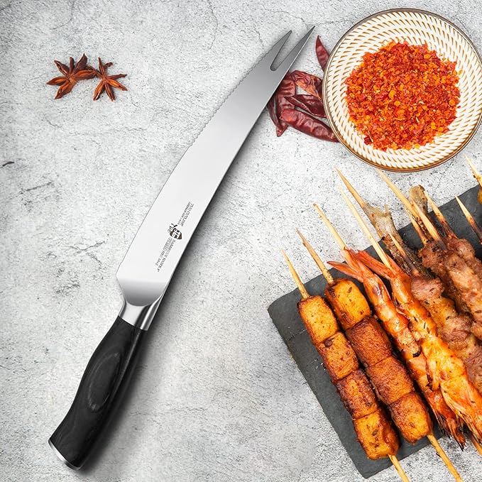 TUO BBQ Knife, 8 inch Roast Cutting Knife with Fork Tip for Grilled Meat Cutting, Serrated Edge, High Carbon German Steel, Comfortable Pakkawood Handle