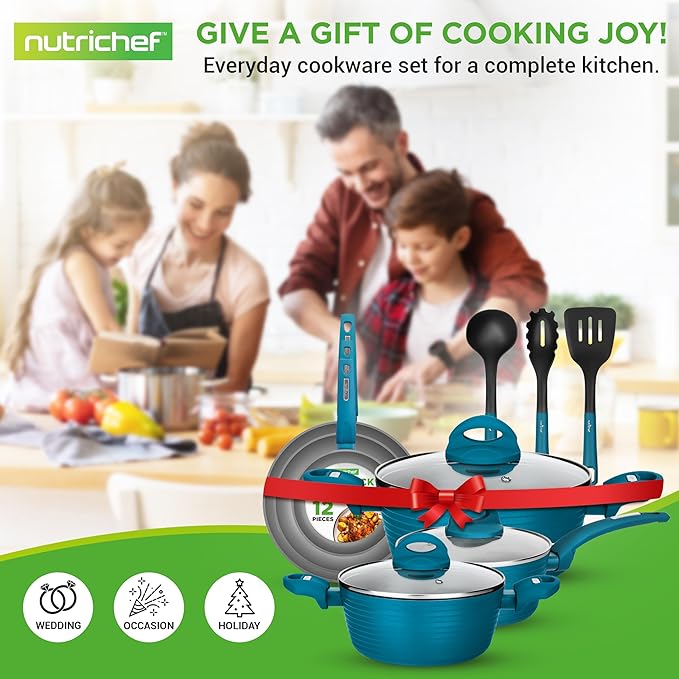 NutriChef 12-Piece Nonstick Kitchen Cookware Set - Easy to Clean, Fireproof Lacquer - Saucepot, Cooking Pots, Fry Pans, Utensils, Tempered Glass Lids - Light Gray/Green, Induction Ready