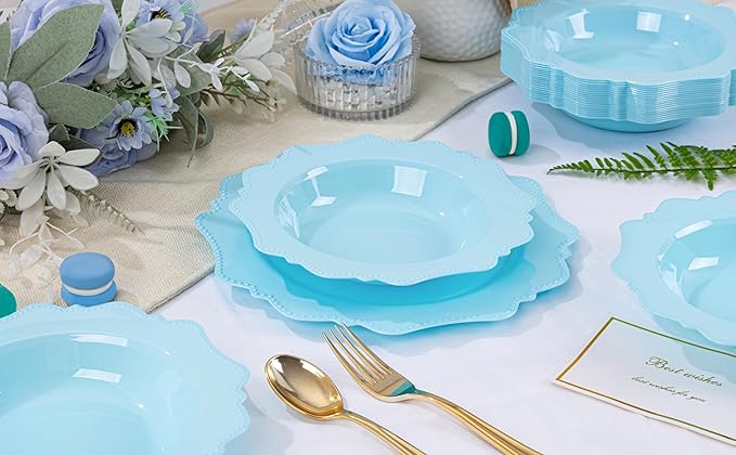 COLOSUS Light Blue Plastic Party Bowls (60 Pack) 12 Oz Disposable Soup/Salad Bowl, Fancy Shatterproof Dinnerware for Easter, Catering, Holidays, Weddings, and Everyday Use