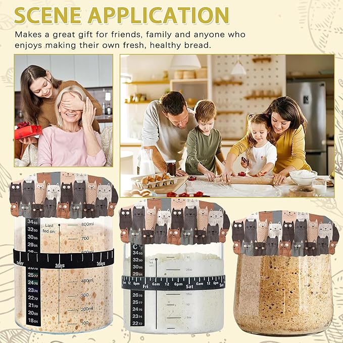 Sourdough Starter Jar Covers,5-Pack Reusable Cute Cat Gray Cats Cloth Lids for 3-4 Inch Jars,Ideal for Kombucha Kefir or Cheese Fermentation
