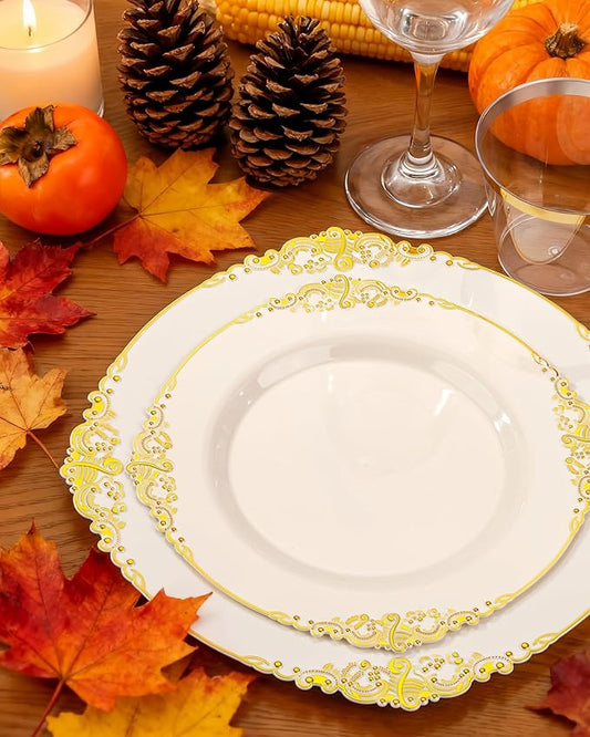 Nervure 350PCS Ivory Plastic Plates - Ivory Gold Plastic Dinnerware Sets for 50 Guests - 100 Gold Disposable Plates, 50 Pre Rolled Silverware Sets, 50 Cups Perfect for Wedding & Thanksgiving