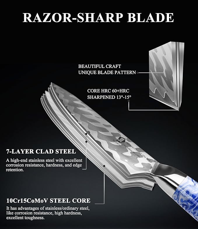WILDMOK Kiritsuke Knife 8.5 Inch, Japanese Kitchen Chef Knives - 7 Layer Alloy Steel Fish Slicing Knife with Resin Handle - Qing Series