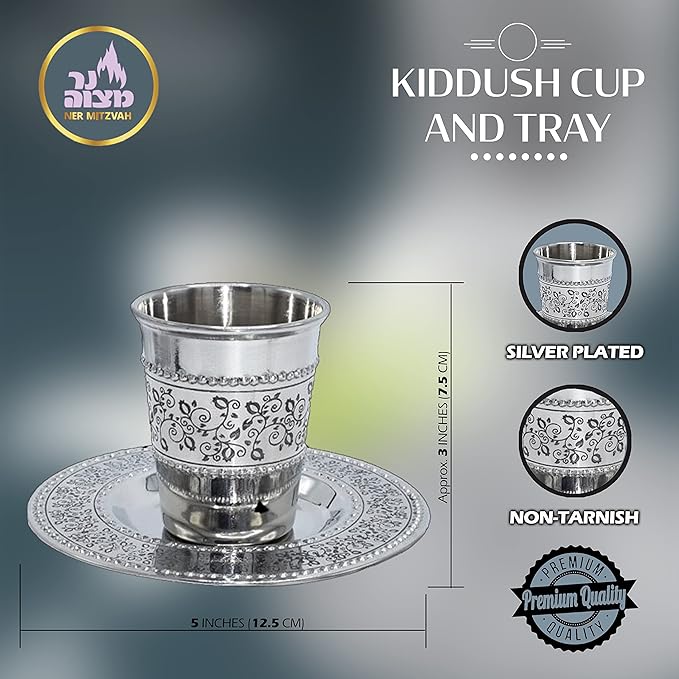 Ner Mitzvah Kiddush Cup and Tray - Premium Quality Stainless Steel Wine Cup - For Shabbat and Havdalah - Judaica Shabbos and Holiday Gift