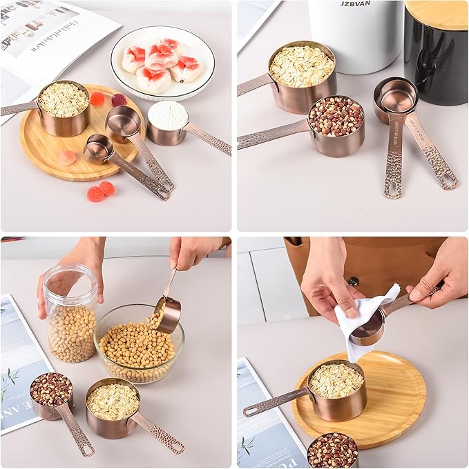 Copper Measuring Cups and Spoons Set, Stainless Steel Measuring Cups and Spoons Set for Baking and Kitchen, Measuring Cups Set with 3/4 Cup Measuring Cup