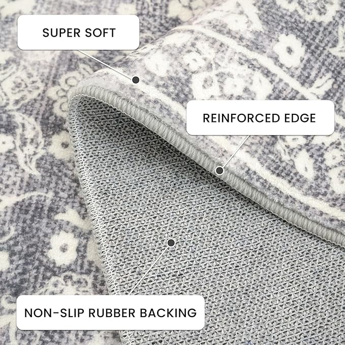 Vintage 3x5 Washable Rug for Entryway, Gray Ivory Super Soft Rug Non-Slip, Printed Faux Wool Floral 3x5 Area Rug Thin Floor Carpet for Kitchen, Bedroom, Office, Living Room