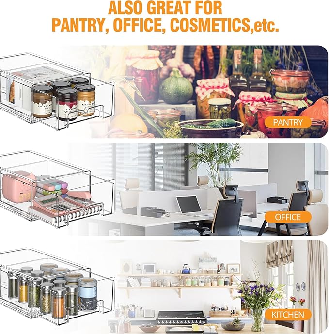 2 Pack Stackable Storage Drawers - Clear Refrigerator Drawers for Refrigerator Organizers and Storage, Acrylic Fridge Drawer Organizer with Handles for Bathroom, Undersink, Cabinet, Pantry, etc