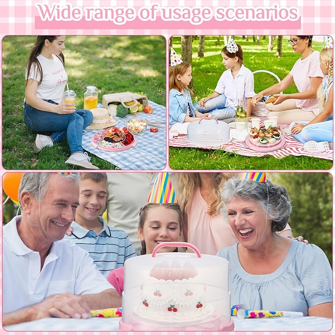12 Inch Large Cake Carrier with Lid and Handle for 12" Round 7" High Cake Adjustable Plastic Pies Carrier Portable Cupcakes Transport Container for Cookies Pizza and More(Pink)