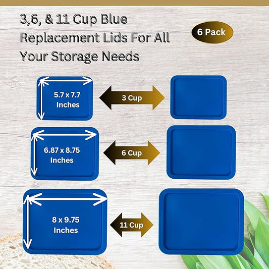 3, 6 & 11 Cup Blue Replacement Lids/Covers for Pyrex, Anchor Hocking & KlareWare Storage Bowls *Lids Only Glass Container Not Included* (6 Pack *Two of Each Size*)