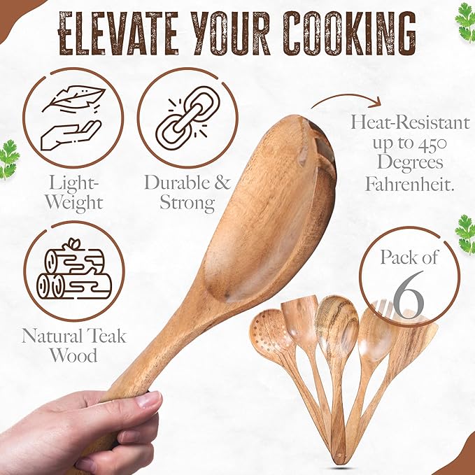 INTAJ Wooden Spoon Set for Cooking & Serving – 6-Piece Eco-Friendly Kitchen Utensils – Handmade Acacia Wood Spoons for Serving, Gifting & Daily Use – Non-Toxic, Sustainable Cookware Essentials