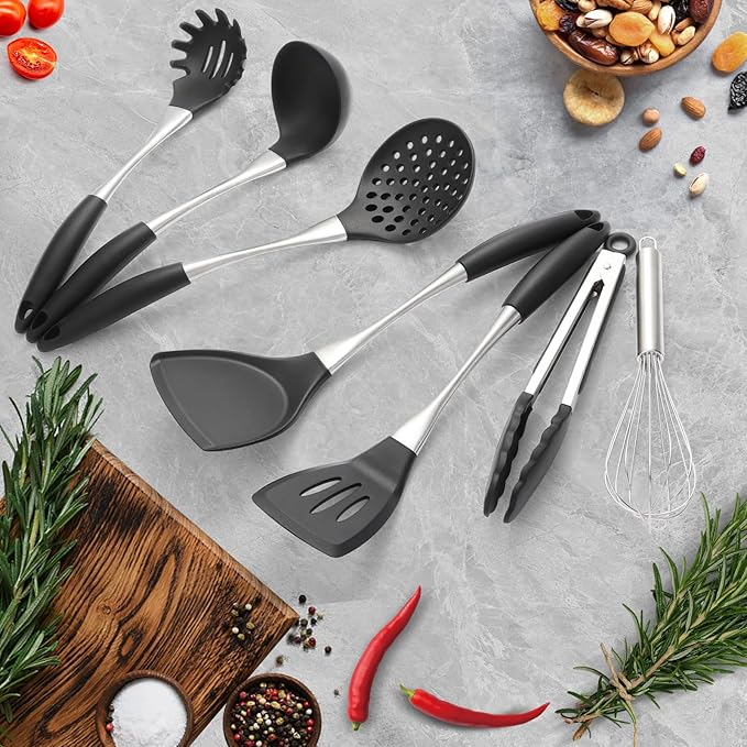 Premium Black Silicone Cooking Utensils Set - Non-Toxic, Heat Resistant& Non-Stick Kitchen Utensils Set with Spatula, Spoon, Whisk, Tongs, BPA Free, Dishwasher Safe, Black