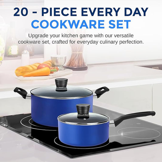 SereneLife 20-Piece Blue Cookware and Knives Set - Includes Multi-Sized Nonstick Pots and Pans with Lids and Utensils, Heat Resistant, Dishwasher Safe