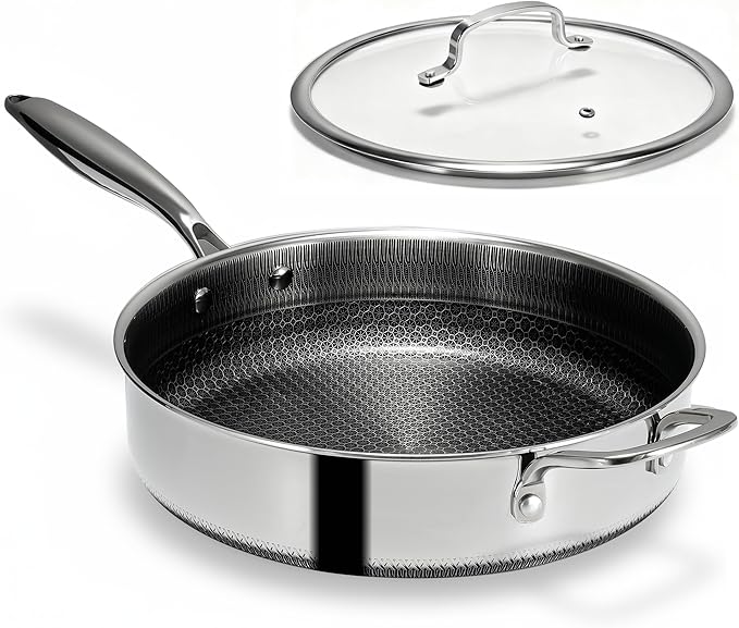 USELUCK-Non-electric deep fryers,Frying Pan with Lid,Tri-play Stainless steel Non-stick,Non-toxic Deep Frying Pan with Tempered Glass Lid, 12 inch 5.5 QT,Stay-Cool Handles Induction, Oven, Dishwasher.