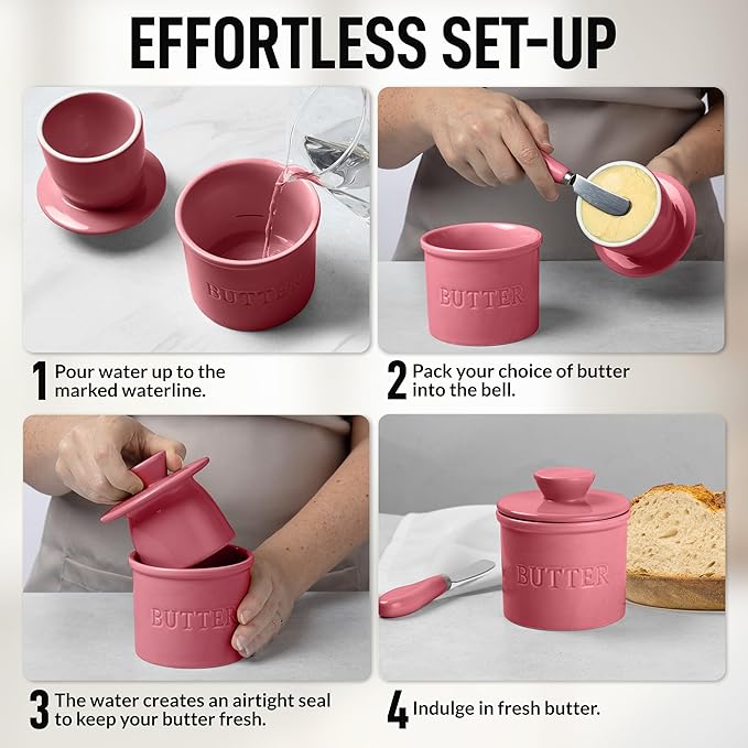 Zulay Kitchen Porcelain Butter Crock With Lid & Knife - Authentic French Butter Dish For Fresh & Spreadable Butter - Dragonfruit