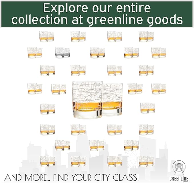 Greenline Goods Whiskey Glasses - 10 Oz Tumbler Set for Miami lovers, Etched with Miami City Map Old Fashioned Rocks Glass - Set of 2