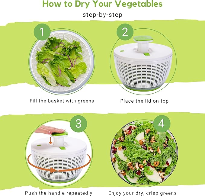 Brieftons QuickPush Salad Spinner: Large 6.3-Quart Vegetable Washer Dryer Strainer Drainer, Easy One-Handed Handle & Brake, Fast Spin Cycles, Compact Storage, to Wash, Clean & Dry Vegetables, Fruits