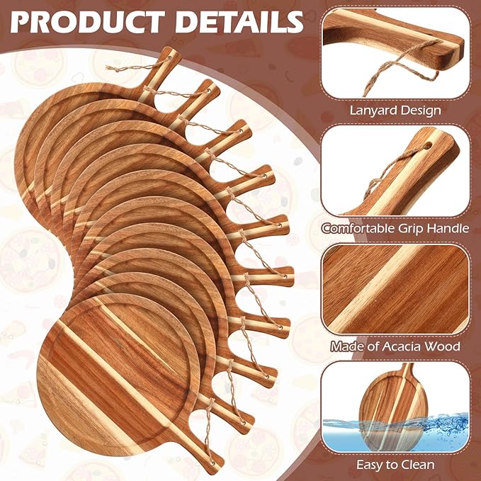 Tanlade 12 pcs Wood Cutting Board Bulk Round Wooden Serving Tray with Handle Acacia Chopping Boards Kitchen Charcuterie Paddle for Pizza Bread Cheese Fruit Vegetables