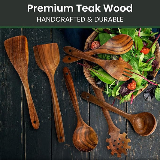 Premium Teak Wooden Utensil Set, 7-Piece Handcrafted Cooking Spoons & Spatulas – Nonstick Safe, Durable, Heat-Resistant Wooden Utensils for Everyday Cooking