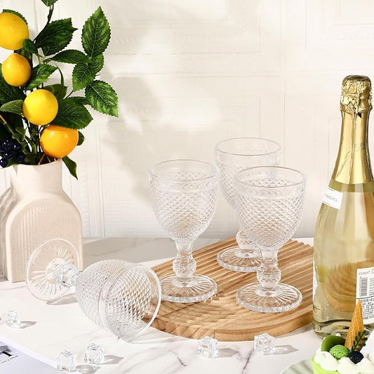 Bokon 6 Pack Clear Glass Goblets Set 10 oz High Clear Wine Glass Vintage Water Goblets Cups Embossed Diamond Design Glassware with Stem for Drinking Juice Liquor Party Wedding Bar