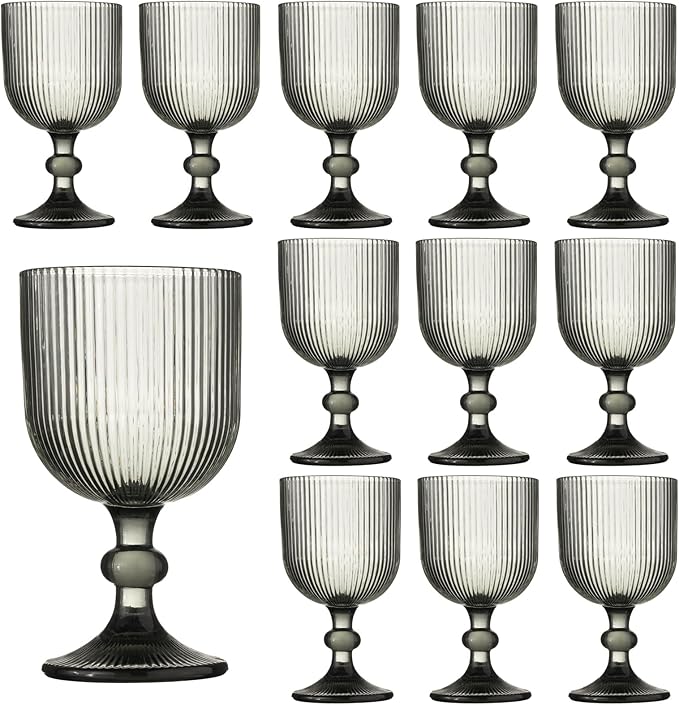 12 Pcs Vintage Wine Glasses, 11 Ounces Colored Glass Water Goblets, Unique Embossed Pattern High Clear Stemmed Glassware Wedding Party Bar Glass Drinking Cups Fancy Glasses Vertical Line Grey Set