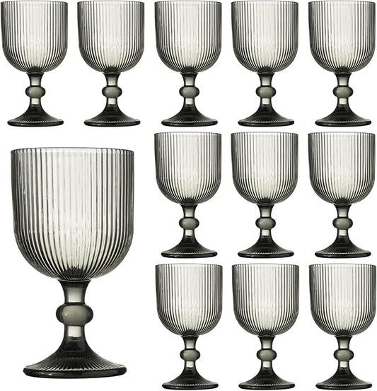 12 Pcs Vintage Wine Glasses, 11 Ounces Colored Glass Water Goblets, Unique Embossed Pattern High Clear Stemmed Glassware Wedding Party Bar Glass Drinking Cups Fancy Glasses Vertical Line Grey Set