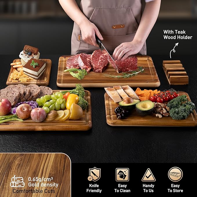 4 Pack Teak Wood Cutting Board Set for Kitchen Heavy Duty Non Toxic Non Slip Solid Thick Wood Haus Chopping Board Extra Large Big Small Meat Best Essential House Warming Hostess Host Gift